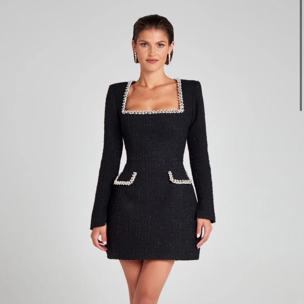 Nadine Merabi Black Long Sleeve Dress With Pearl Details. Worn Once.